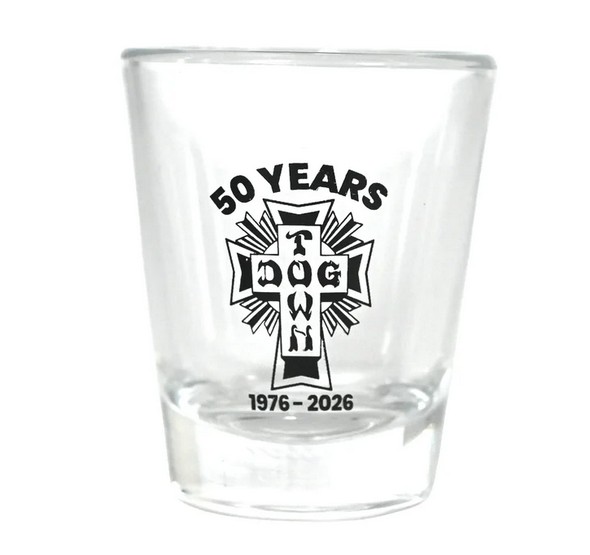 Dogtown Skates 50 Year Shot Glass - Clear with Black Logo (image for) Dogtown Skates 50 Year Shot Glass - Clear with Black Logo