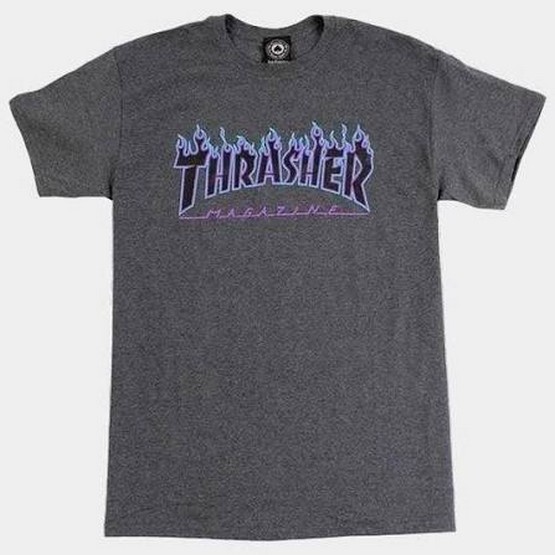 Thrasher Flame Logo T-Shirt / Dark Heather Grey w/ Blue Flame Logo / XL (image for) Thrasher Flame Logo T-Shirt / Dark Heather Grey w/ Blue Flame Logo / XL